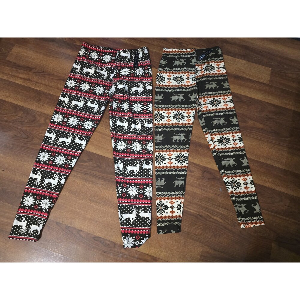 2 Women’s Holiday Festive Leggings Fair Isle Nordic Reindeer Snowflakes Christma